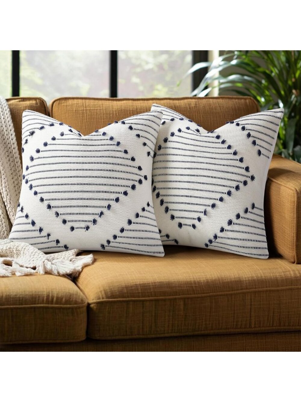 Boho Outdoor Throw Pillow Covers Set of 2 - 22x22 Navy & Cream White Decor